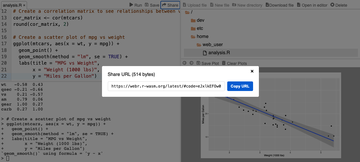 Screenshot of the webR application. A sharing URL is shown in a modal display.