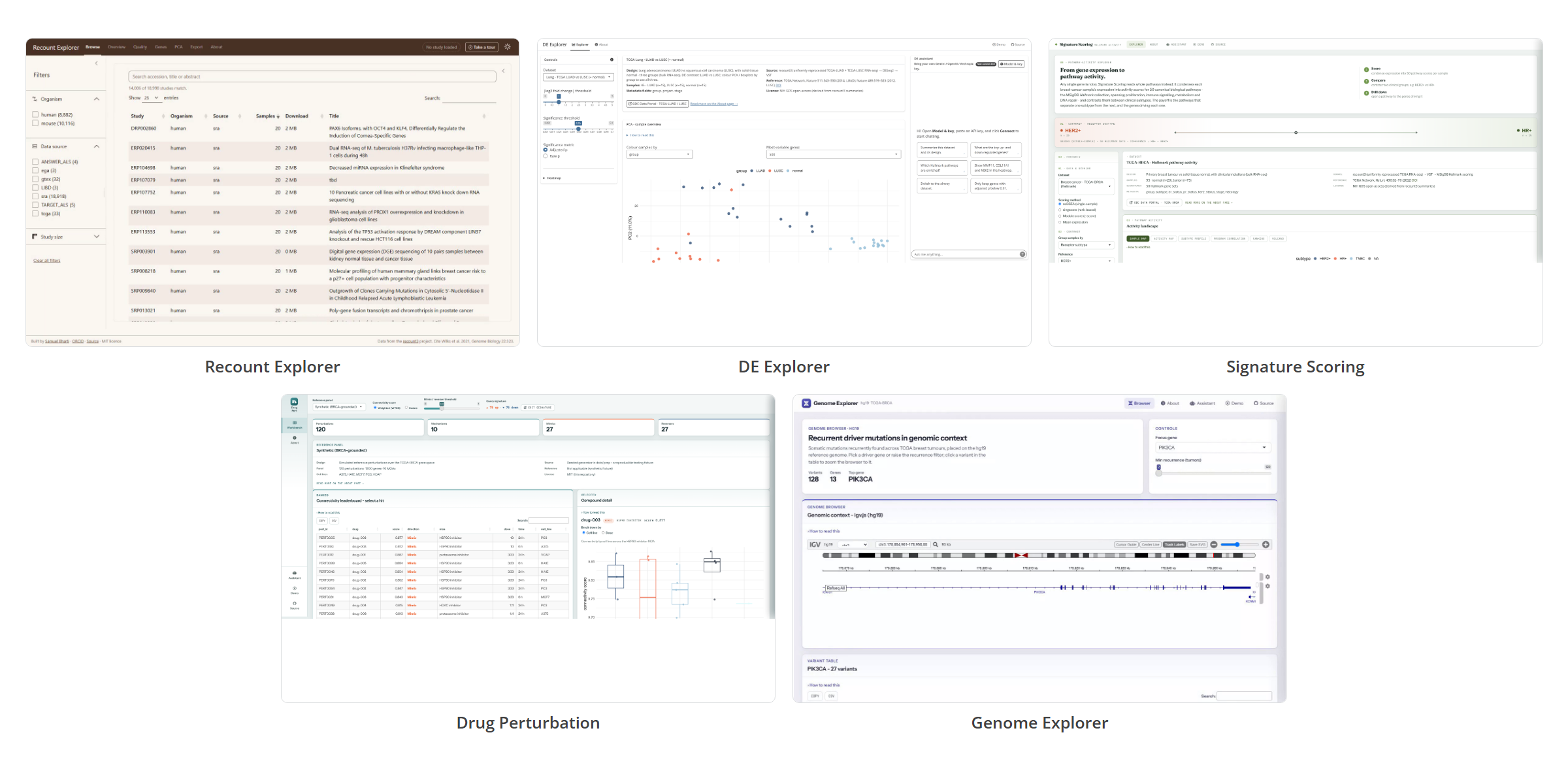Five smaller applications, each wrapped around one common genomics workflow. Five application screenshots in a labelled grid: Recount Explorer, DE Explorer, Signature Scoring, Drug Perturbation, and Genome Explorer. Each shows a populated dashboard, in order a study catalogue, a PCA with threshold controls, a pathway activity contrast, a connectivity leaderboard, and a genome browser above a variant table.