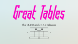 The Great Tables wordmark above a smiling table illustration and the text "The v1.0.0 and v1.1.0 releases"